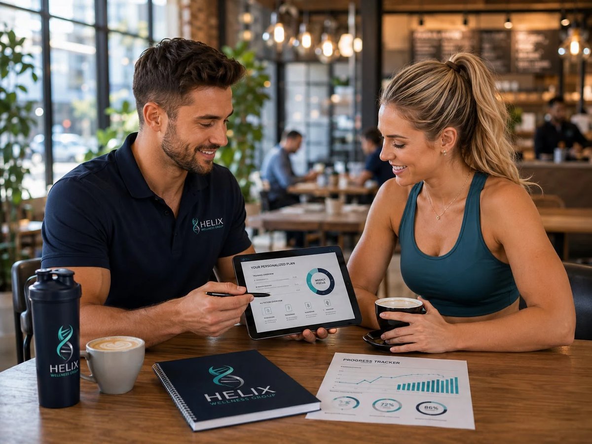 A Helix Wellness Group coach reviewing a personalized wellness plan on a tablet with a member